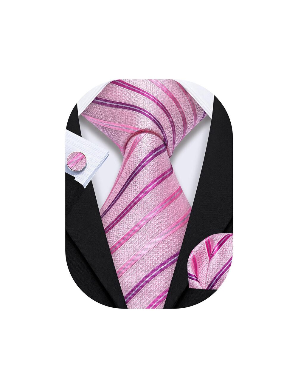 1202 Pink Tie Striped Silk Necktie Pocket Square Cufflinks Set Formal
